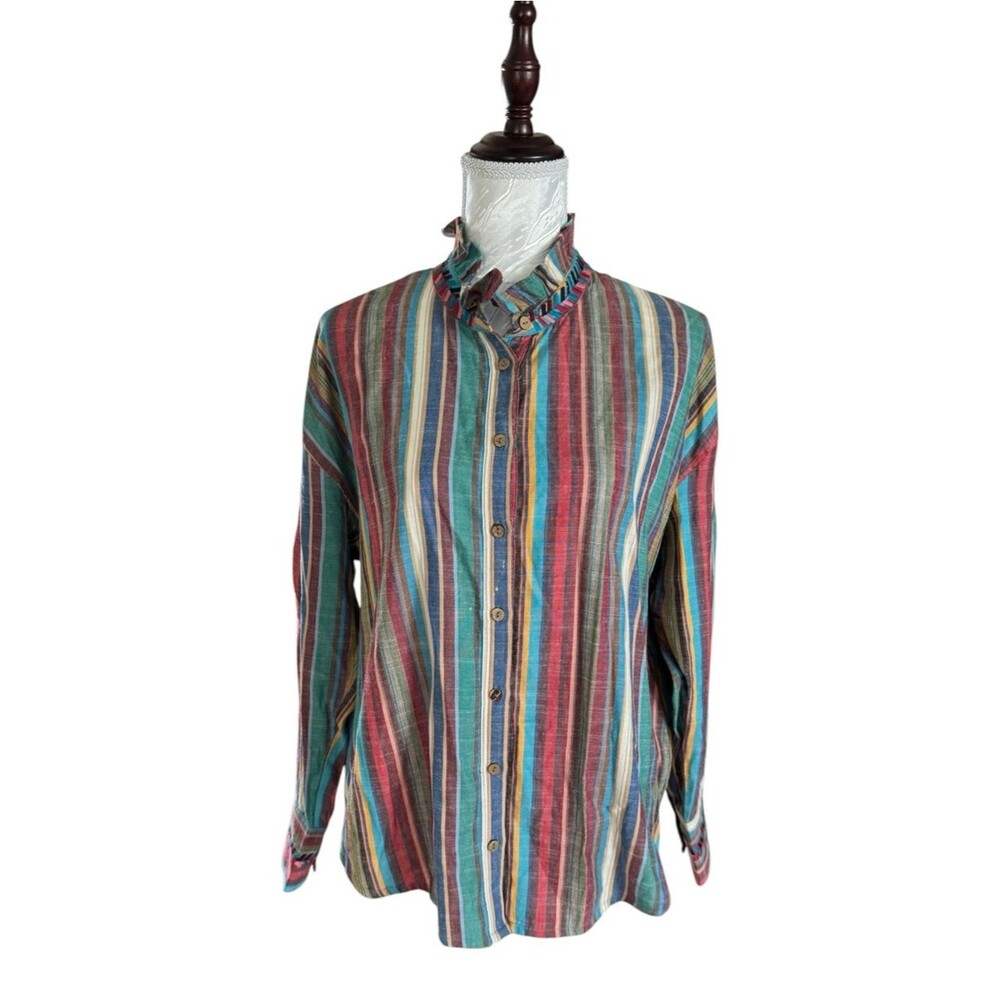 Xirena Charley shirt in a "Painted Sunset" multi-color stripe pattern. - Picture 2 of 9
